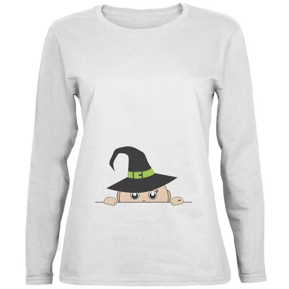 Halloween - Peeking Baby Witch White Womens Long Sleeve T-Shirt - Small