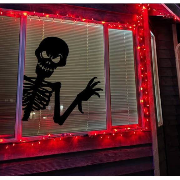 Halloween Peeping Spooky Skeleton Reusable Window Cling Decal, Black Vinyl, Indoor Non-Adhesive Decoration, 13.5 x 11.5 inches