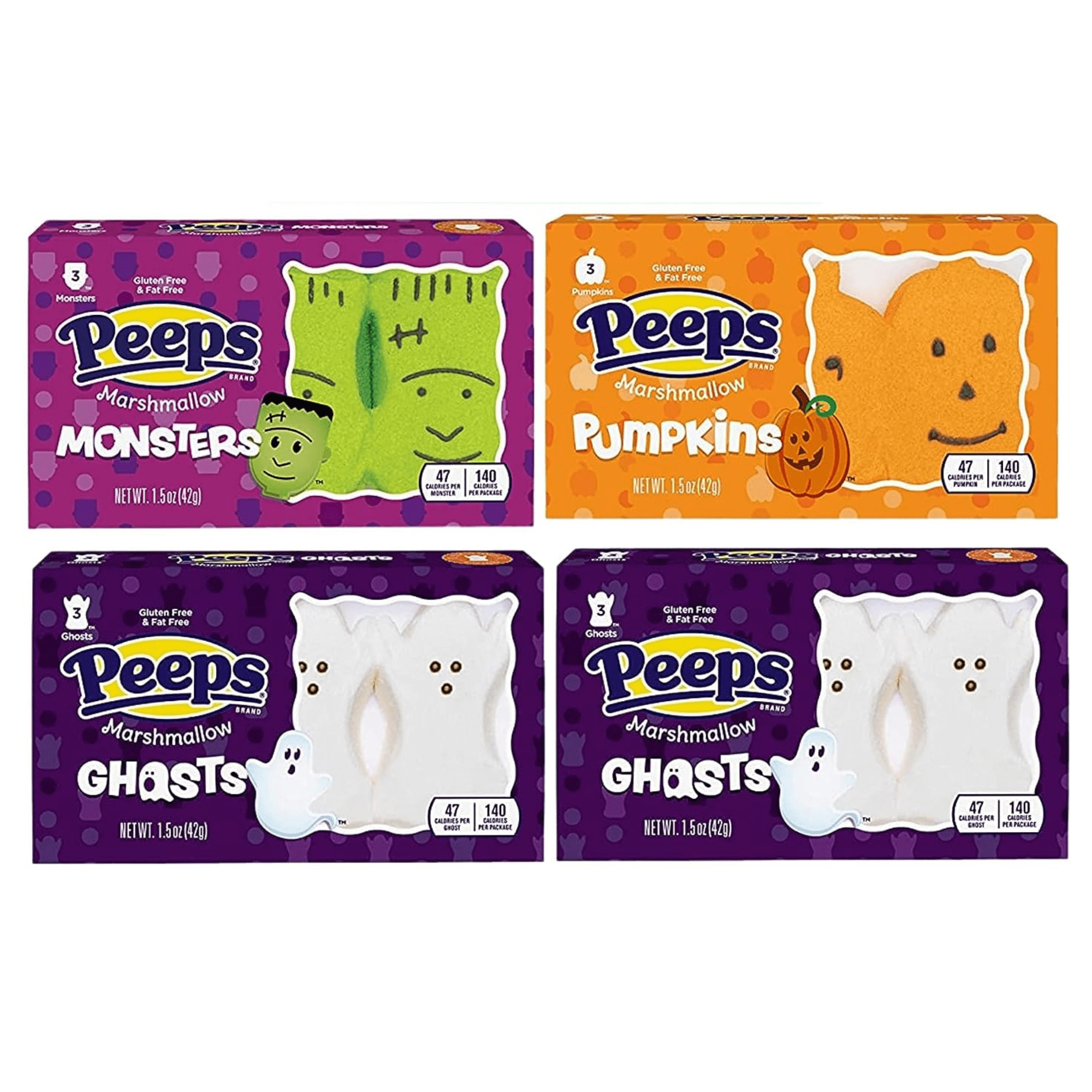 Needzo's Halloween Peeps Candy, Ghost & Pumpkin Shaped Marshmallows, 4 Packs, 3 Count Each