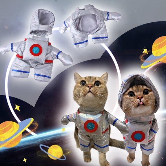 Halloween Pet Astronaut Costume Adjustable Cosplay Standing Spacesuit Outfit For Cats, Funny Cosmic Transformation Clothes With Hood & Shiny Silver Fabric For Party Photos New