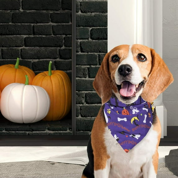 Halloween Pet Bandana 5.9"x3.15" Washable Dog Scarf Pumpkin Ghost Bones Design Holiday Costume Accessory(Purple)