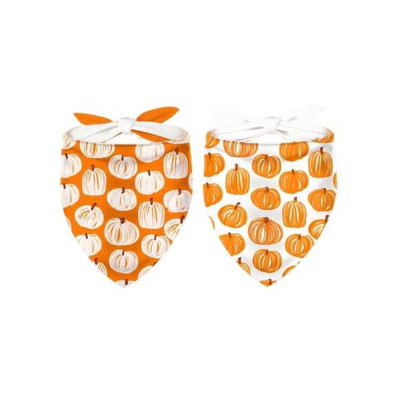 Halloween Pet Bandanas 2 Pack, Cozy Pumpkin Patch Adjustable Tie-on Drool Bib, Soft Polyester Scarf for Small Medium Dogs Cats, Holiday Party Photo Prop