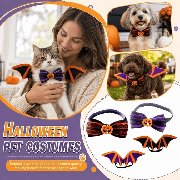 Halloween Pet Bow Tie, Pumpkin Lace Bow Accessory, Adjustable Neck Decor for Cats and Dogs Halloween Party Grooming