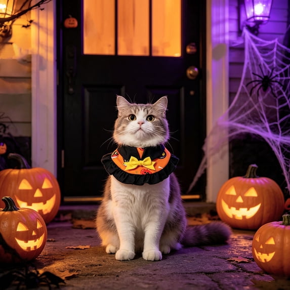 Halloween Pet Cape Collar Adjustable Cat Dog Witch Bandana With Bow Pumpkin Bat Print Decorative Ruffled Pet Neck Scarf For Cats Small Dogs