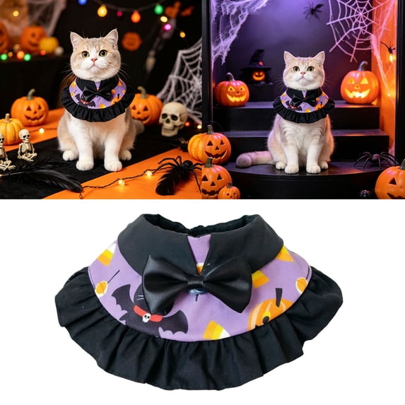 Halloween Pet Cape Collar Adjustable Cat Dog Witch Bandana With Bow Pumpkin Bat Print Decorative Ruffled Pet Neck Scarf For Cats Small Dogs