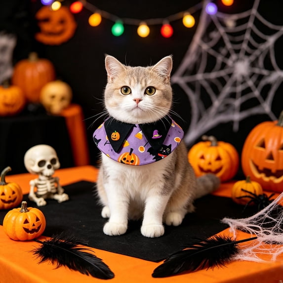 Halloween Pet Cape Collar Adjustable Cat Dog Witch Bandana With Bow Pumpkin Bat Print Decorative Ruffled Pet Neck Scarf For Cats Small Dogs