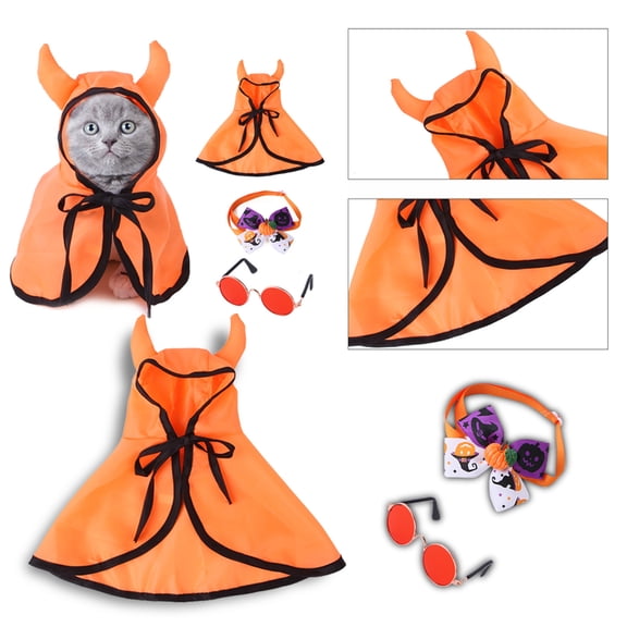 Halloween Pet Cape Collar Set for Dogs and Cats, Orange Devil Cloak with Sunglasses and Bow Collar, Pet Halloween Costumes Accessories