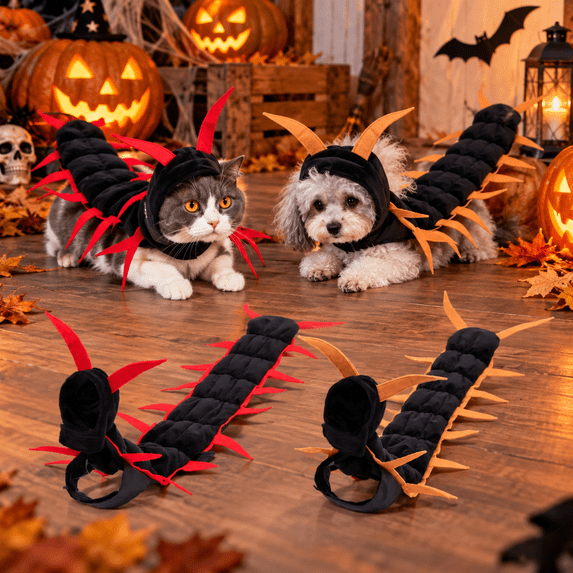 Halloween Pet Centipede Costume, Adjustable Plush Bug Hooded Apparel for Cats and Small Dogs