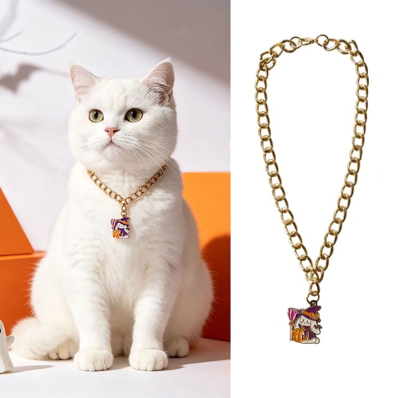 Halloween Pet Charm Necklace Collar, Cute HalloweenâElement Pendant Decorative Gold Chain Necklace, Pet Accessory for Cats & Small Dogs Halloween Party Dressâup