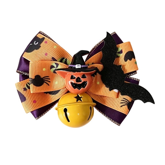 Halloween Pet Collars, Bat Print Ribbon Bow with Pumpkin Ornament and Bell Charm Pendant, Festive Collar with Safety Bell for Cats and Small Dogs