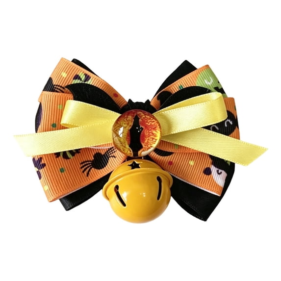 Halloween Pet Collars, Bat Print Ribbon Bow with Pumpkin Ornament and Bell Charm Pendant, Festive Collar with Safety Bell for Cats and Small Dogs