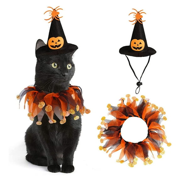 Halloween Pet Costume Set Witch Hat with Pumpkin Design and Festive Collar for Cats and Small Dogs