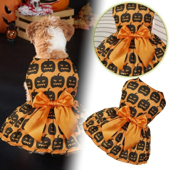 Halloween Pet Dog Dress Pumpkin Outfit with Round Neck for Small Medium Large Dogs – Festive Halloween Apparel for Indoor Outdoor Wearing