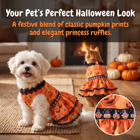 Halloween Pet Dress for Cats & Dogs with Pumpkin Lace Design, Soft Stretchy & Easy-On Outfit, Perfect for Photography Memory, 9.8in Back by MPOISVA