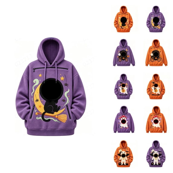 Halloween Pet Pouch Hoodie Men Women Long Sleeve Cute Graphic Loose Hooded Sweatshirt Pullover Tops Dog Cat Carrier Hoodie
