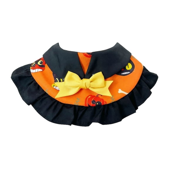 Halloween Pet Ruffled Cape Collar Orange Pumpkin Print Neck Scarf Yellow Satin Bow for Cats Small Dogs