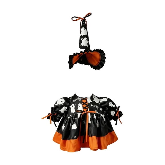 Halloween Pet Set, Dog Halloween, for Dogs, Small Dog Dress, 23X8 Inch Spooky Ghost Pattern Outfit with Tied Halloween Witch Hat for Trick Or Treat Events