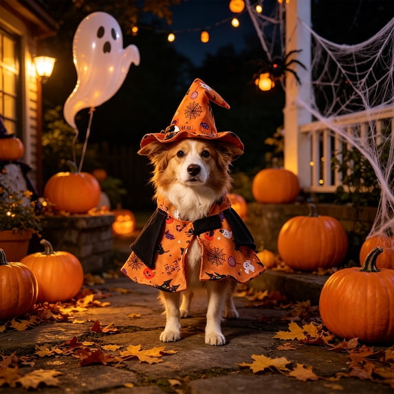 Halloween Pet Witch Cape & Hat Costume Set, Ghost Bat Pumpkin Print Dress Up Outfit for Small Cats Puppy Holiday Party