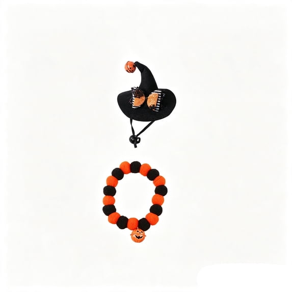 Halloween Pet Witch Hat and Pom-Pom Bell Collar Set Spooky Outfit Accessories for Cats Small Dogs