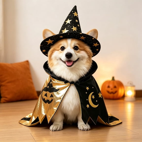 Halloween Pet Wizard , Nylon Dog Cape with Star Moon Witch Hat, Cloak with Pumpkin Pattern, Holiday Cosplay Dress Up Outfit, Cute Party Apparel for Small Medium Dogs Cats