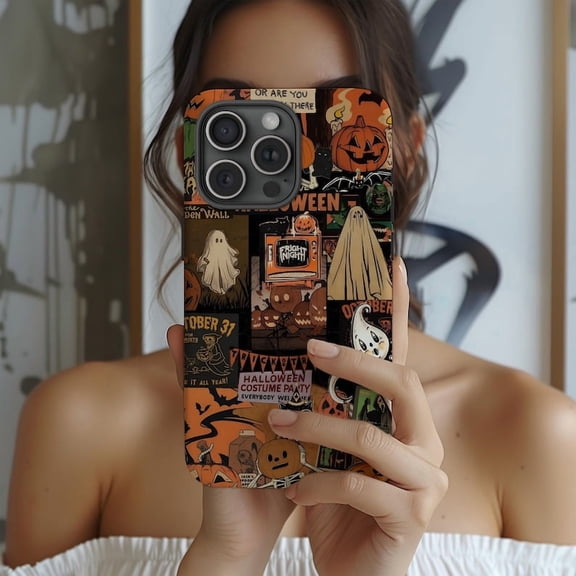 Halloween Phone Case – Ghosts, Pumpkins, and Spooky Collage Aesthetic Design, Protective Cover for iPhone 16/15/14/13/12/11 Pro Max