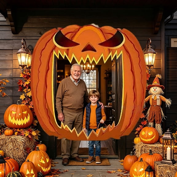Halloween Photo Booth Backdrop, Halloween Archway Door Banner, Halloween Selfie Prop For Front Door Home Party Decorations(Orange-62.99"×68.11")
