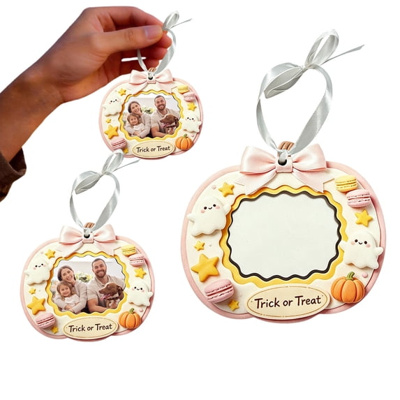Halloween Photo Frame Ornaments Set of 1, Pumpkin Hanging Picture Frame Keepsake Decor, Sweet Holiday Tabletop or Wall Display with Ribbon, Cute 3D Craft for Home Party Gift