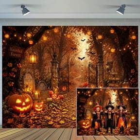 Halloween Photography Backdrop, 5X3ft Haunted Forest Gate Pumpkin Lanterns Tombstones Bats Autumn Leaves Background for Kids Party Decorations Photo Booth Studio Props