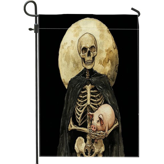 Halloween Pig Garden Flags 12x18 Inch Double Sided for Outside, Funny Skeleton Goth Burlap Lawn Flags, Pet Backyard Small House Flags Outdoor Decor