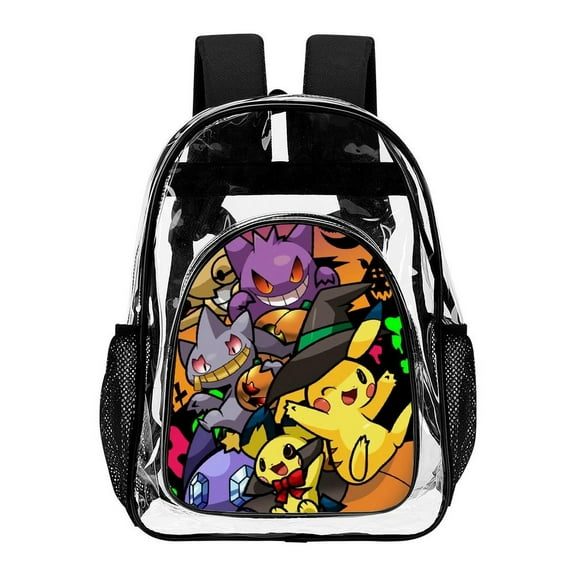 Halloween Pikachu327 Clear Backpack Transparent Heavy Duty Bookbag Large PVC Laptop Bag Adjustable Shoulder Straps with Mesh Side Pockets for College Work Travel Stadium Concert