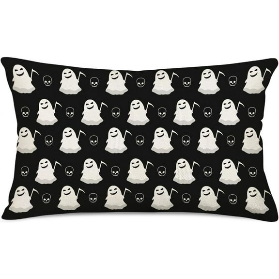 Halloween Pillow Cover 12x20 Inch Ghost Spooky Skull Halloween Lumbar Pillow Covers Farmhouse Decorations Outdoor Halloween Pillows Decorative Cushion Case for Couch Sofa, Black