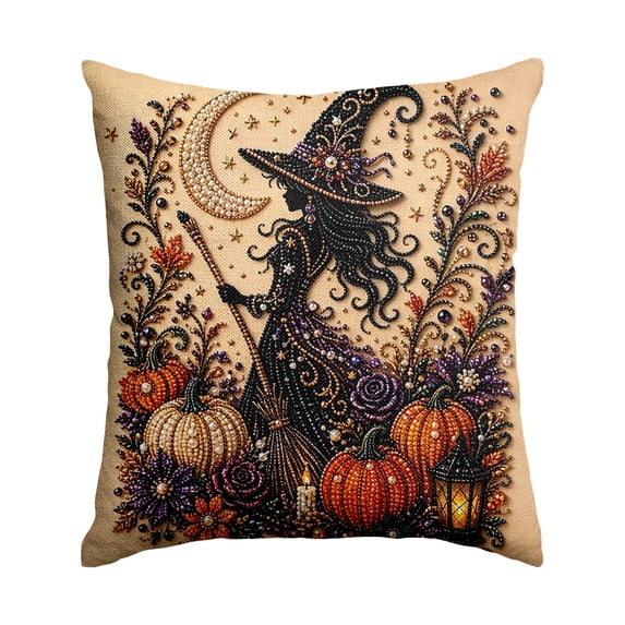 Halloween Pillow Cover, 45 X 45 Inch Fall Throw Pillow Cover, Gothic Halloween Decor with Beaded Witch and Crescent Moon, Pearl Embellished Spooky Home Accent, Linen Texture