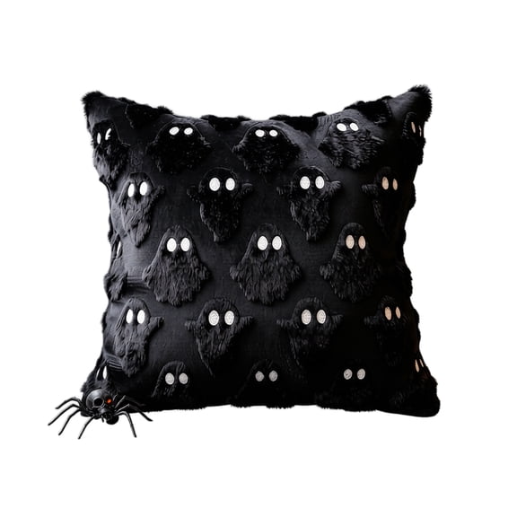 Halloween Pillow Cover, Faux Rabbit Fur Black Ghost Pattern, 1 Pack Soft Plush Square Decorative Pillowcase, for Spooky Halloween Party Indoor Home Sofa Couch Bedroom Living Room Decoration