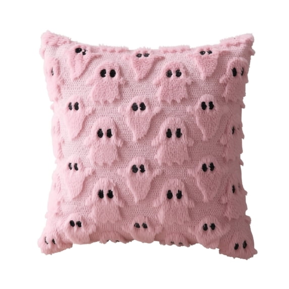 Halloween Pillow Cover, Pink Fuzzy Plush Halloween Ghost Decorative Pillow Cover, 1 Piece 15.7 Inch Square, Soft Throw Pillowcase for Halloween Party Home Sofa Couch Bedroom Decor