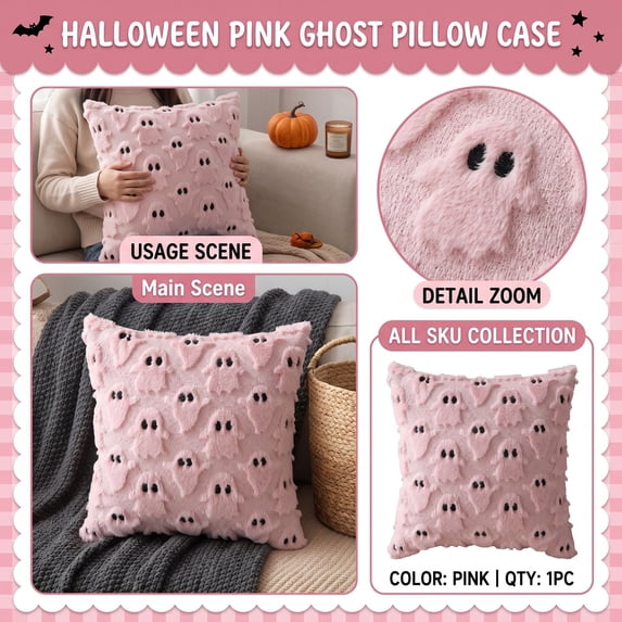 Halloween Pillow Cover, Pink Ghost Halloween Decor, Fluffy Ghost Plush 18X18 Inch Pillow Case, Pink Decor for Cozy Bedroom and Living Room, Hidden Zipper Closure Decorative