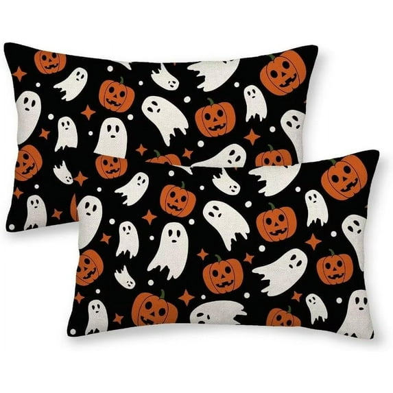 Halloween Pillow Covers 12 X 20 Inch Set of 2 Ghost Pumpkin Throw Pillow Covers Orange and Black Cushion Cases Farmhouse Decorative Outdoor Pillow Covers for Couch Home Sofa Living Room