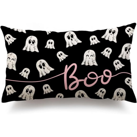Halloween Pillow Covers 12x20 inch Black White Ghost Boo Decor Black Halloween Lumbar Pillow Covers Decorative for Halloween Home Decor for Sofa 029