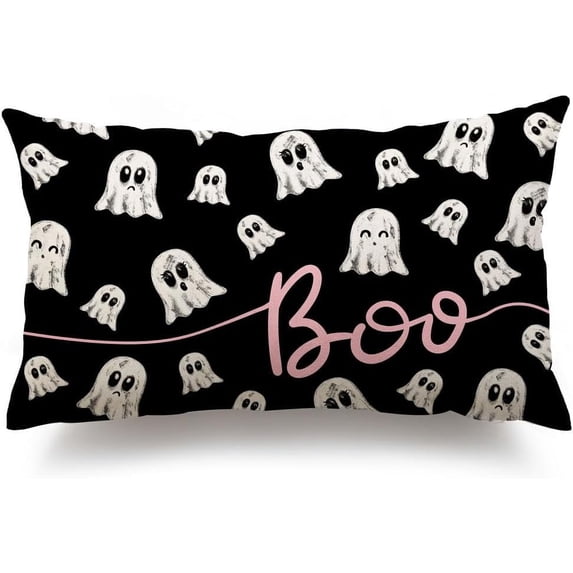 Halloween Pillow Covers 12x20 inch Black White Ghost Boo Decor Black Halloween Lumbar Pillow Covers Decorative for Halloween Home Decor for Sofa 029