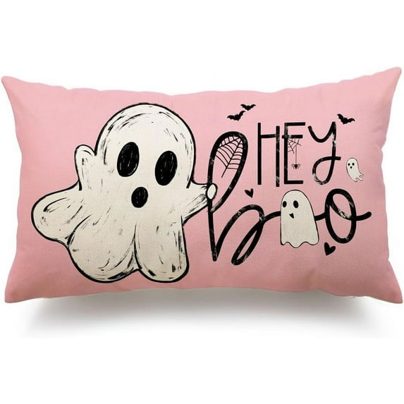 Halloween Pillow Covers 12x20 inch White Ghost Hey Boo Decor Pink Halloween Lumbar Pillow Covers Decorative for Halloween Home Decor for Sofa 026