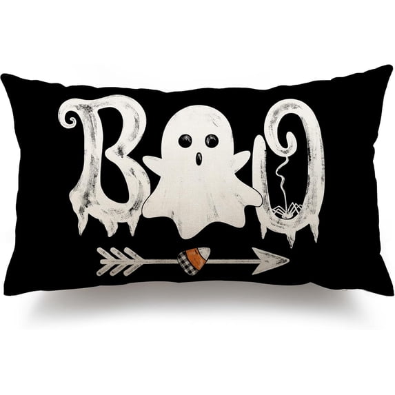 Halloween Pillow Covers 12x20 inch White Spooky Ghost Decor Black Halloween Lumbar Pillow Covers Decorative for Halloween Home Decor for Sofa 032