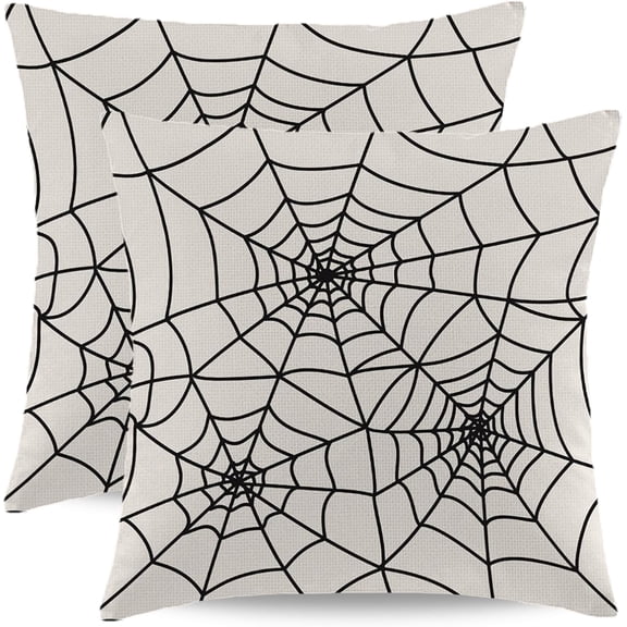 Halloween Pillow Covers 16x16 Inch Set of 2, White Spider Web Decor Throw Pillows Holiday Halloween Outdoor Decorative Pillows Square Linen Cushion Covers for Home Bed Couch Sofa