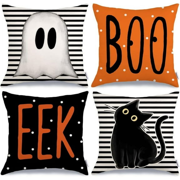 Halloween Pillow Covers 18 x 18 Inch Set of 4, Striped Polka Dot Spooky Ghost Black Cat Boo Eek Decorative Throw Pillowcases Indoor Holiday Decoration for Home Party Sofa Couch