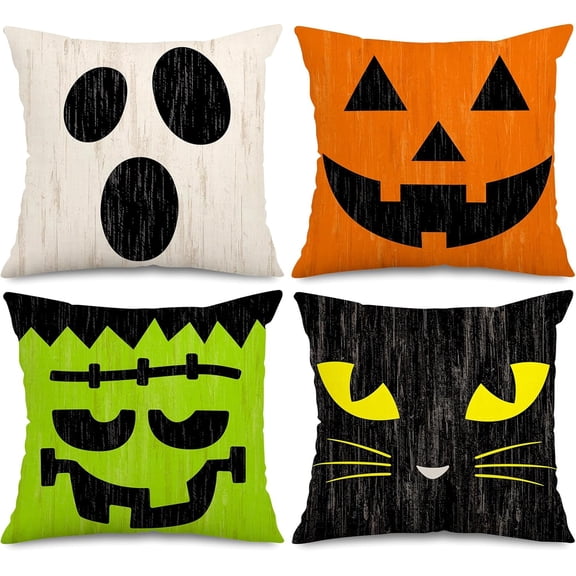 Halloween Pillow Covers 18 x 18 Inch Retro Halloween Character Expressions Throw Pillow Cover Set of 4 Colorful Rustic Halloween Line Cushion Cover for Holiday Home Couch Sofa Decoration