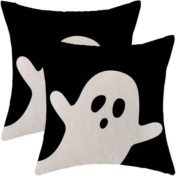 Halloween Pillow Covers 18x18 Inch Set of 2, Black and White Ghost Throw Pillows Farmhouse Linen Halloween Decorative Pillow Case for Couch Sofa Bedroom Indoor Outdoor Decor