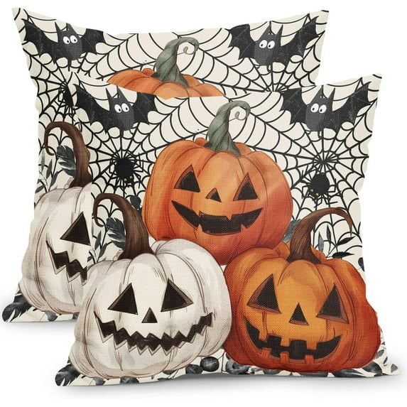 Halloween Pillow Covers 18x18 Inch Set of 2 Vintage Pumpkin Bat Spider Web Outdoor Throw Pillows Happy Halloween Spooky Holiday Pillowcases for Bed Couch Home Decor