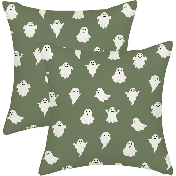 Halloween Pillow Covers 18x18 Sage Green and White Ghosts Decor Throw Pillows Case for Couch Halloween Indoor Outdoor Decorative Cushion Cases for Sofa Bed Car Decorations Set of 2
