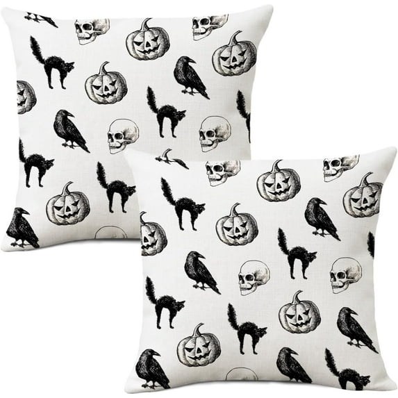 Halloween Pillow Covers 18x18 Set of 2 Autumn Decorative Seamless Black Cat Pumpkin Face Skull Crow Throw Pillow Cases Cushion Covers Farmhouse,Thanksgiving,Home Décor
