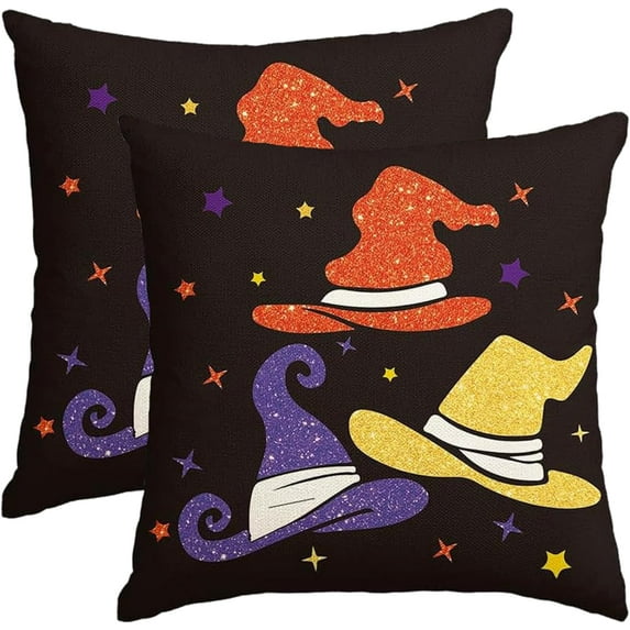 Halloween Pillow Covers 18x18 Set of 2 Colorful Witch Hat Star Decorative Throw Pillow Covers Fall Halloween Cushion Cases for Home Sofa Couch Farmhouse Decorative