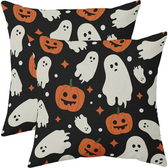 Halloween Pillow Covers 18x18 Set of 2 Cute Ghost Pumpkin Print Outdoor Decorative Throw Pillows Halloween Scary Themed Farmhouse Pillowcases Linen Cushion Case Decor for Home Sofa Couch Bed