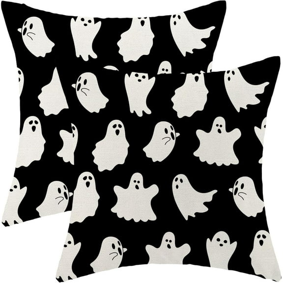 Halloween Pillow Covers 18x18 Set of 2, Outdoor Halloween Cute Ghost Throw Pillow Covers Linen Farmhouse Vintage Halloween Decor Cushion Case Halloween Home Decor for Couch Sofa